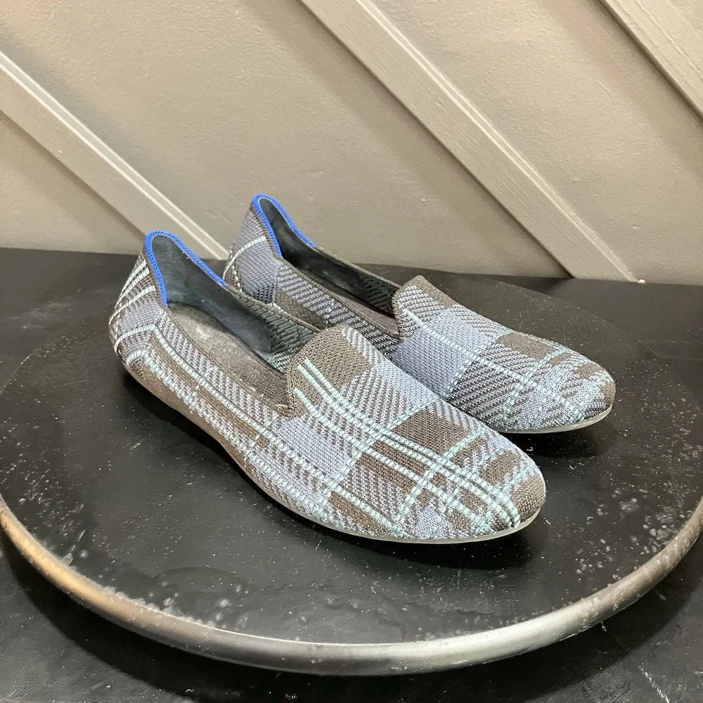 Rothy's The Loafer Womens Size 9.5 Gray Blue Plaid Knit Slip On Flats Washable